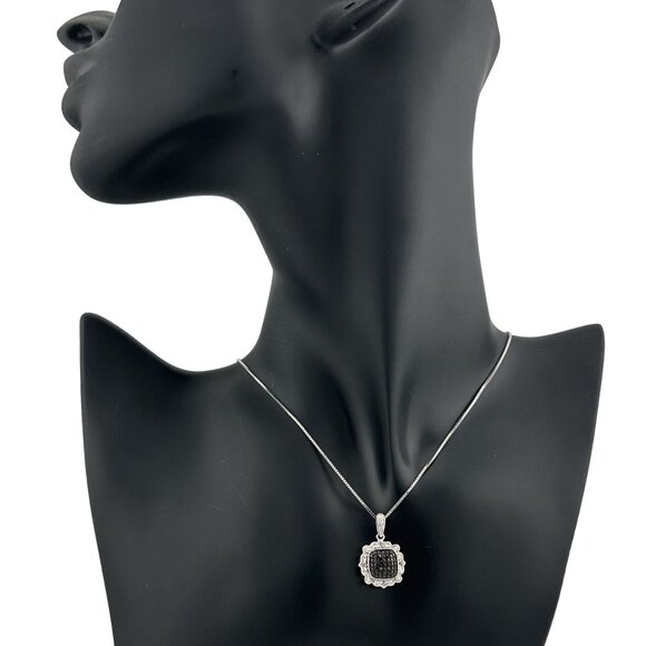 Beautiful  Black and White Diamond Cluster Pendant with Sterling Chain - Picture 2 of 8